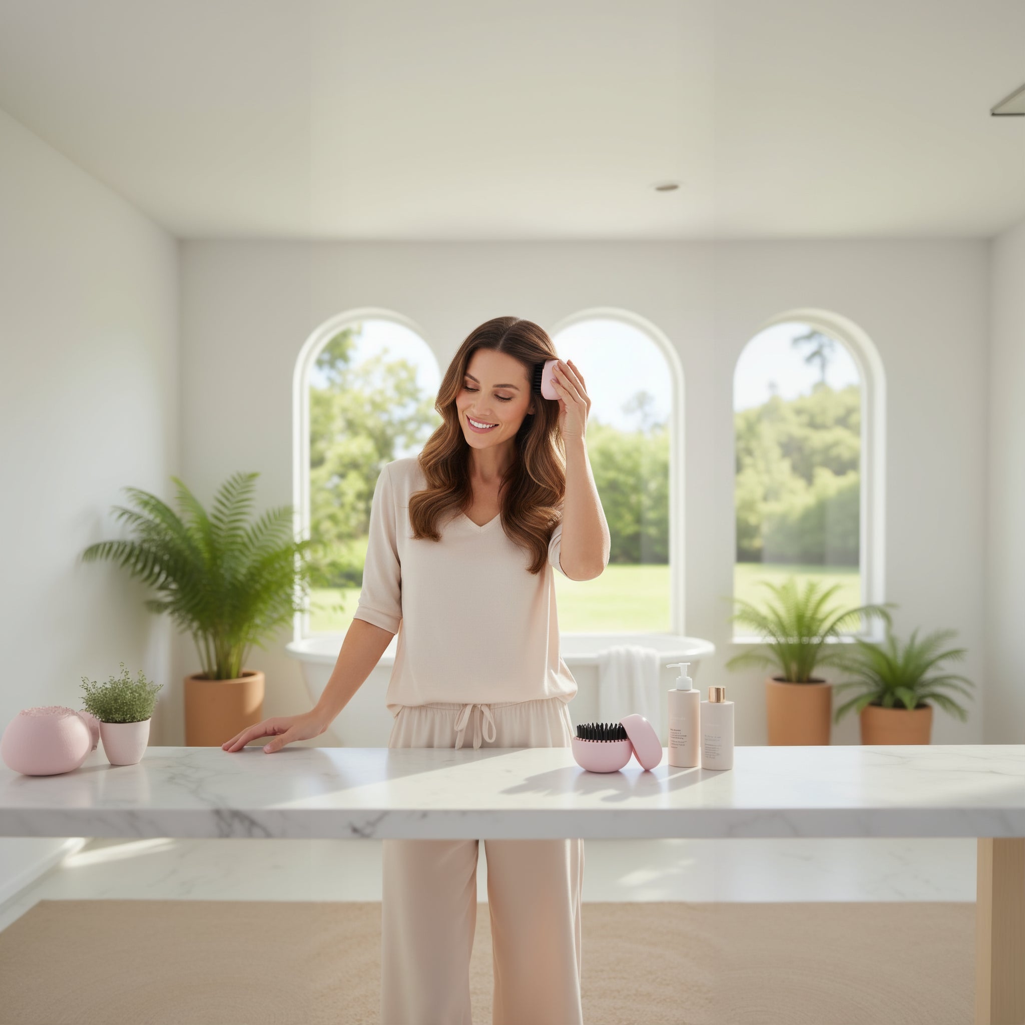 Woman using a Portable pocket hair straightener for travel